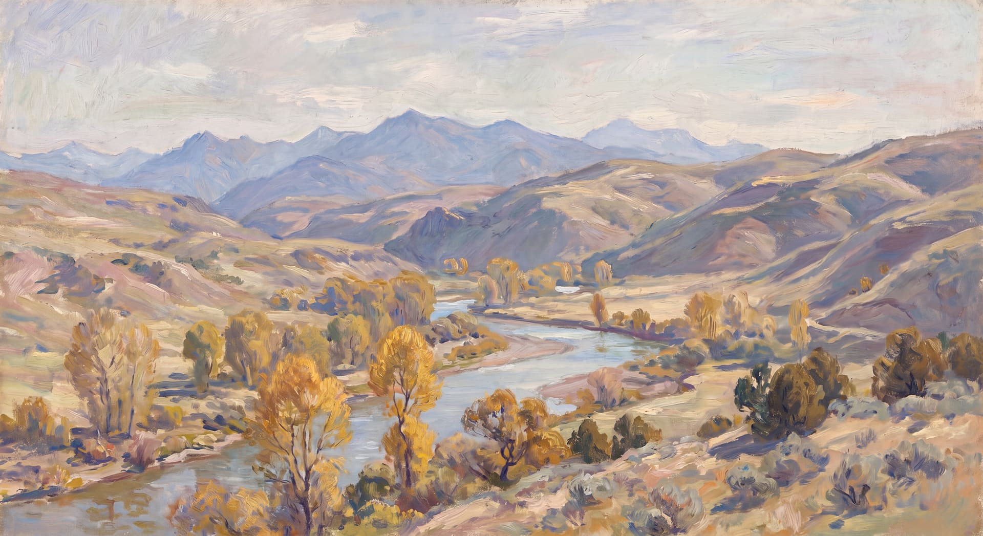 Impressionist painting of a river winding through a western valley in autumn: golden trees line the water beneath sage-covered hills and lavender mountains under a pale, cloudy sky.